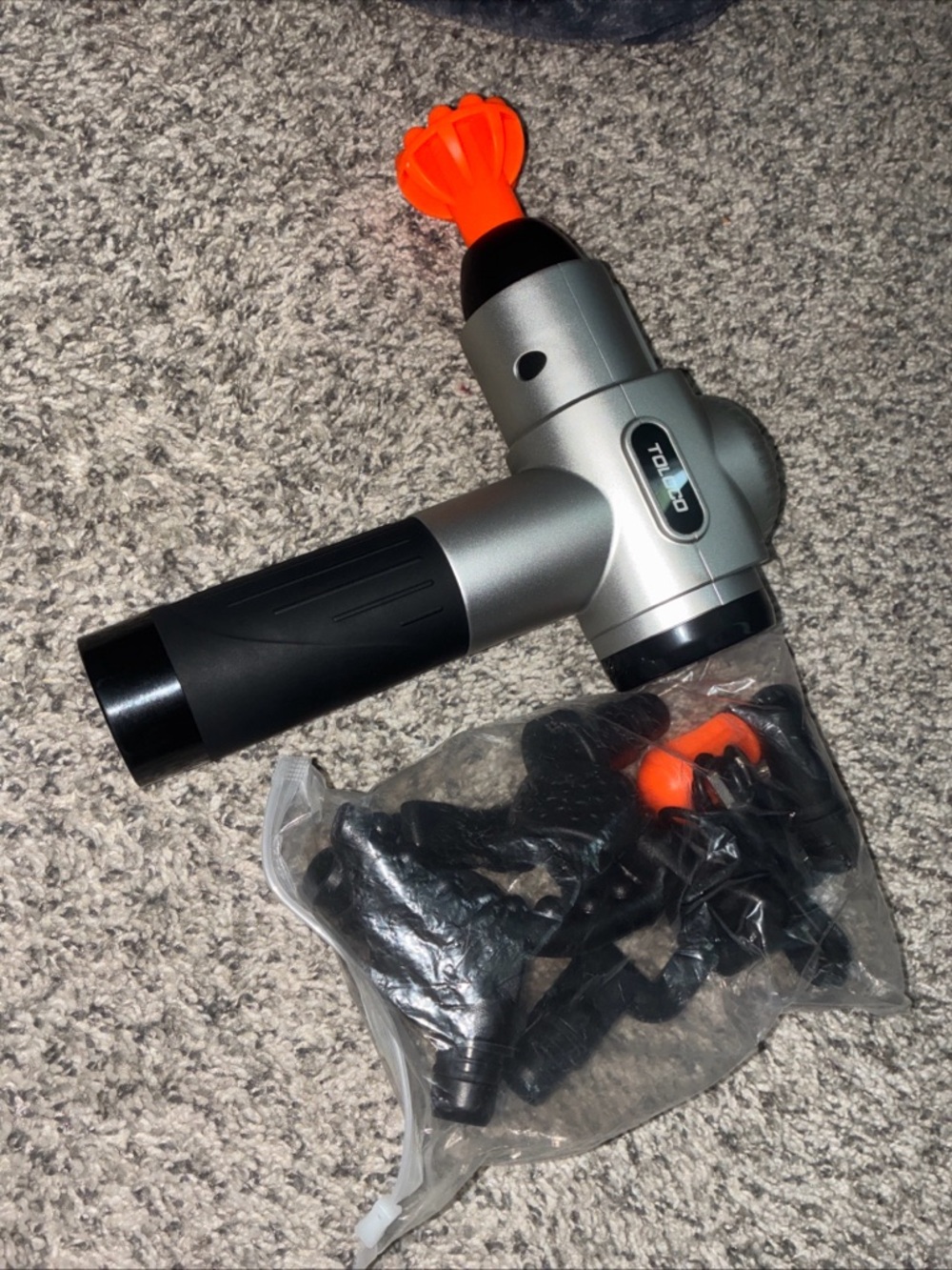 Handheld Percussion Massage Gun - Silver & Black with Orange Head